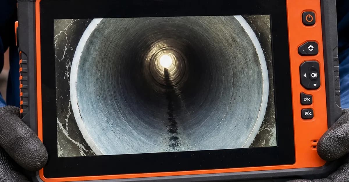 Sewer camera monitor showing the inside of a pipe during a NY Sewer and Drain inspection