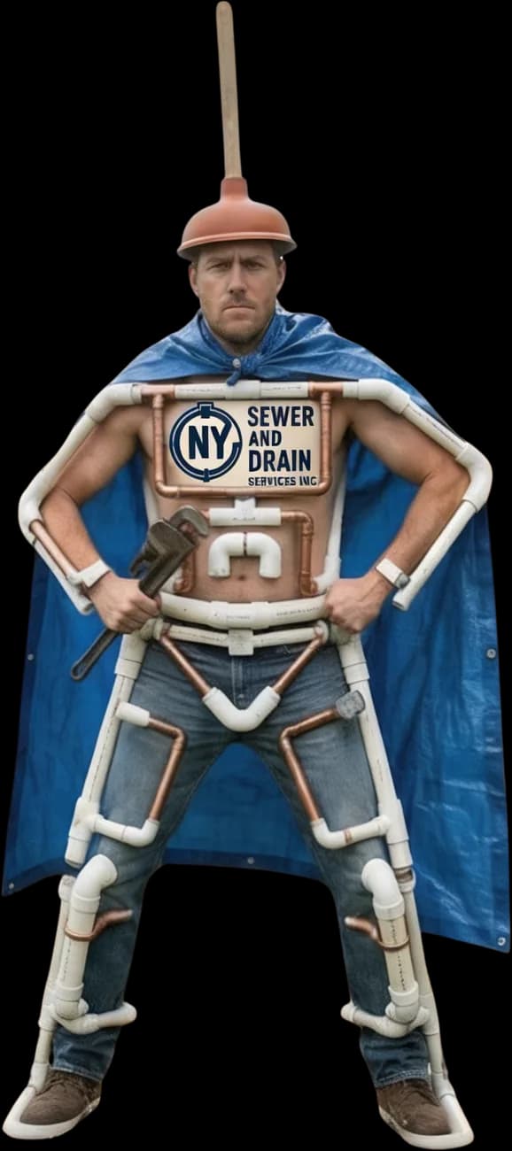 The NY Sewer and Drain hero — plunger helmet, pipe armor, blue cape
